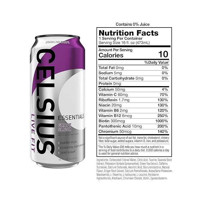 CELSIUS ESSENTIALS™ Sparkling Grape Slush, Sugar Free Performance Energy Drink, 16 Fl Oz (Pack of 12)