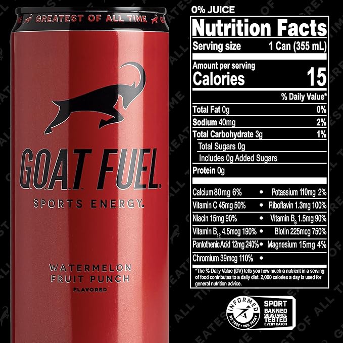 G.O.A.T. Fuel Energy Drink, Co-Founded by Jerry Rice, Natural Caffeine, Electrolytes, BCAAs, Cordyceps & Antioxidants, Light Carbonation Pre Workout, 12 Pack, 12 FL Oz, Watermelon Fruit Punch