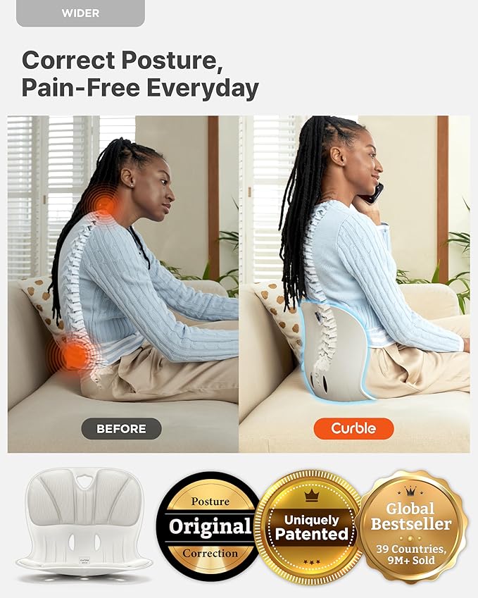 curble Wider(Standard Wide) 2PACK – Ergonomic Lower Back Chair Support, Lumbar Support Back Posture Corrector, Back Pain Relief, Perfect for Office, Floor Seat and Work from Home, Patented (2P Grey)