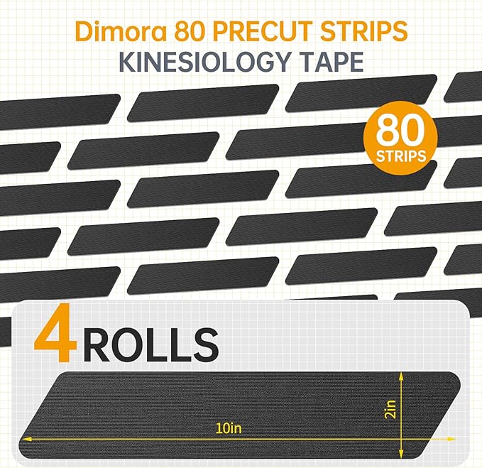 Dimora Kinesiology Tape, 80 Count Precut Strips 4 Rolls, Original Cotton, 10” Elastic Athletic Tape for Muscle Pain Relief and Joint Support, Black