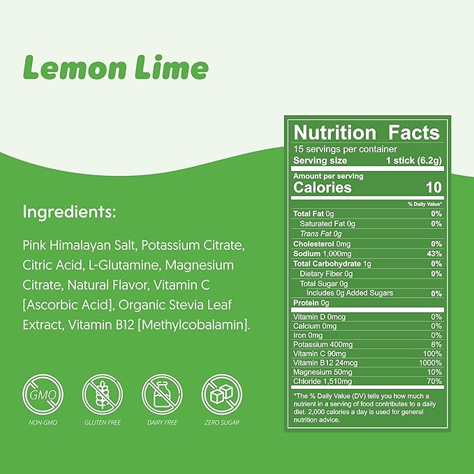 Waterboy Workout Hydration | 2,960mg Sugar Free Electrolyte Powder Packets | L-Glutamine + Vitamins | No Sugar, All Natural, Gluten Free | 15 Drink Stick Mixes (Lemon Lime)