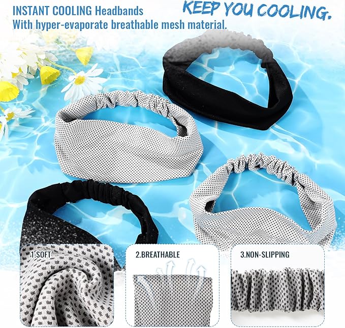 Coume 4 Pcs Cooling Headbands for Women Men Sweat Absorbing Headbands Stretchy Sports Hair Bands for Running, Yoga, Golf, Camping, Biking, Tennis