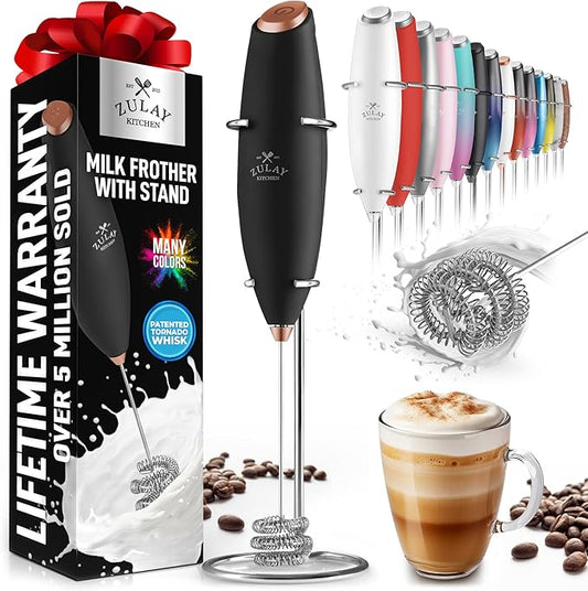 Zulay Kitchen Tornado Milk Frother Handheld Wand – Electric Coffee Frother with Triple Whisk & Stand – Hand Held Drink Mixer for Latte, Cappuccino, Matcha, Hot Chocolate, Protein Shakes – Black/Copper
