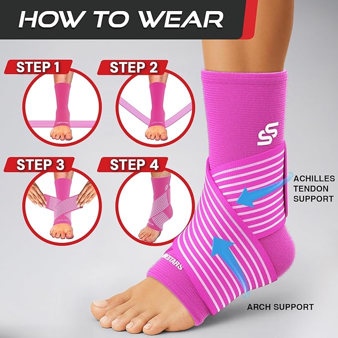Sleeve Stars Ankle Brace for Women & Men, Ankle Wrap for Sprained, Compression Sleeve for Plantar Fasciitis Relief, Easy Customizable Support: w/ Removable Strap (Single/M:10"-12"/Hot Pink)