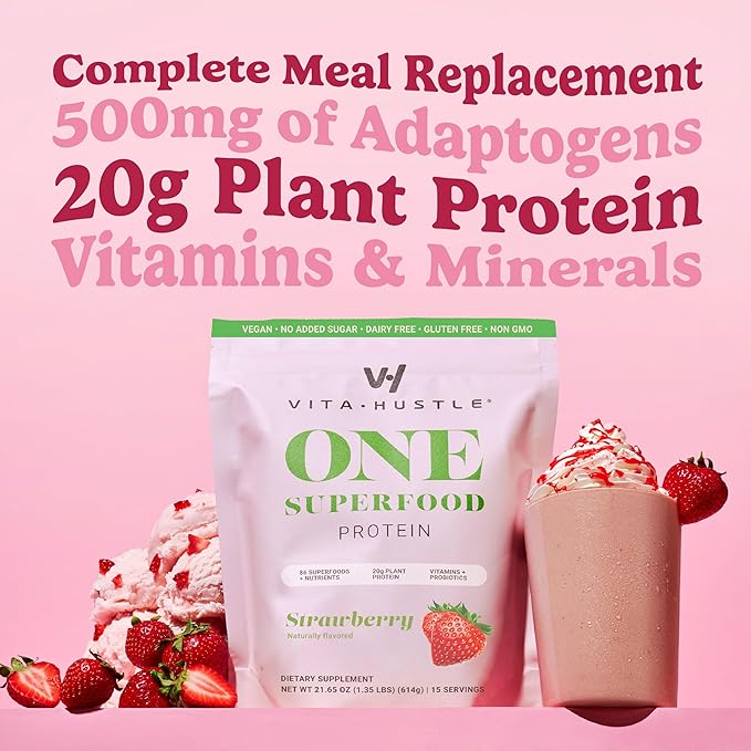 VitaHustle ONE Meal Replacement Shake - Plant Based Protein Powder by Kevin Hart - Vegan, Meal Replacement Powder with Superfoods, Vitamins, Adaptogens & Probiotics -Strawberry Flavor, 15 Servings