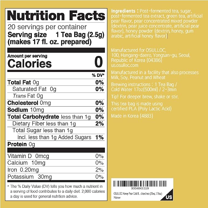 OSULLOC Honey Pear Cold Brew Tea, Korean Pear & Honey flavored iced tea (20ea, 1.76oz)