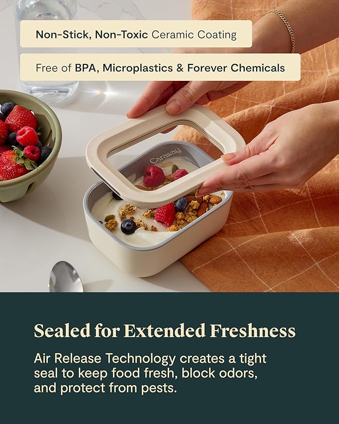 Caraway 2pc Glass Food Storage Set - 2.6 Cup Food Containers (2) - Non-Toxic Ceramic-Coated Glass - Air Release Technology - Compact & Stackable Design - Perracotta