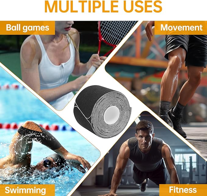 Dimora Kinesiology Tape, 80 Count Precut Strips 4 Rolls, Original Cotton, 10” Elastic Athletic Tape for Muscle Pain Relief and Joint Support, Black