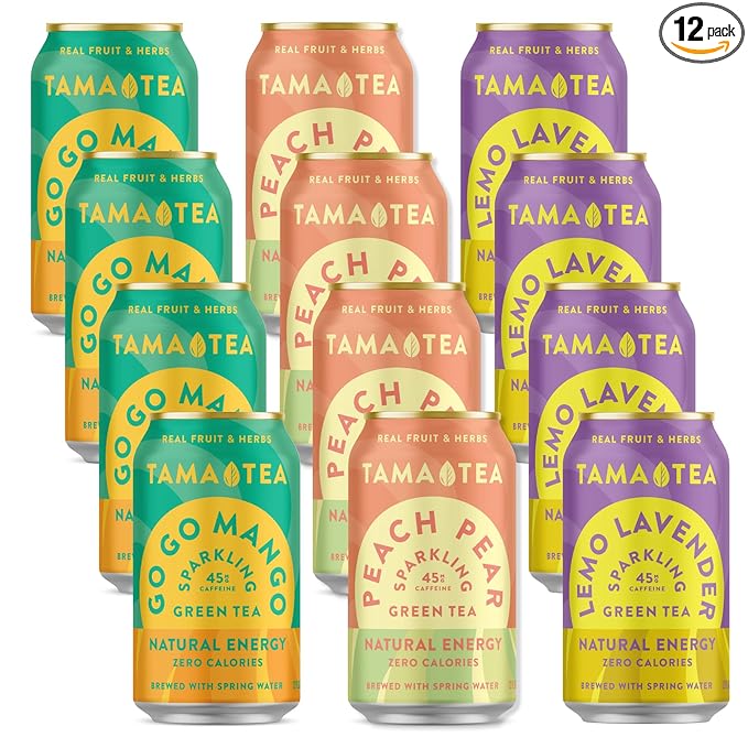 Tama Tea Sugar-Free Sparkling Green Tea Variety Pack – Organic & Naturally Energizing, Zero Calorie, Zero Carb, Non-GMO – Antioxidant-Rich with 45mg Natural Caffeine – 12 oz Cans (12-Pack)