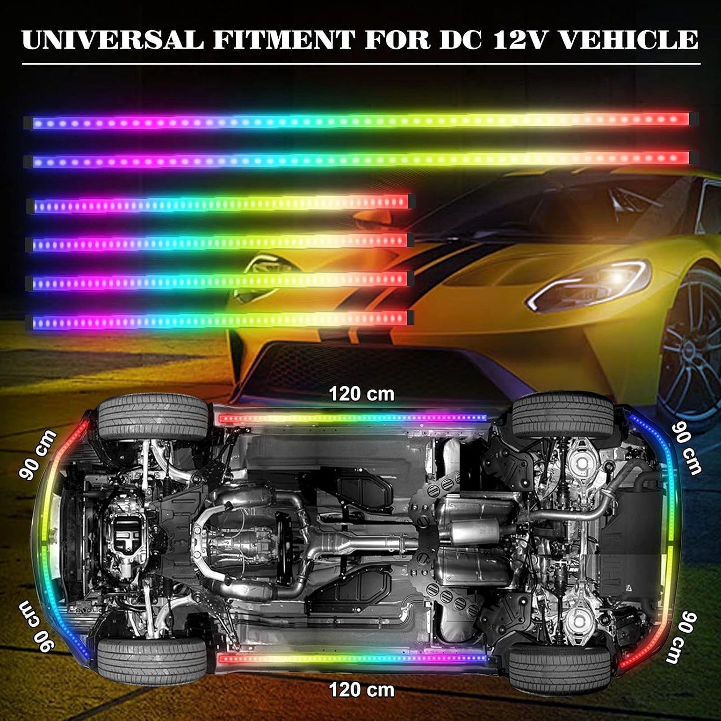 Car Underglow Lights Chasing Color, Upgraded Bluetooth Led Strip Light with Dream Color Chasing 212 Mode, Music Mode, DIY Mode, APP Control Underbody Strip Kit for Car, 35Inch & 47Inch, 6PC Pack