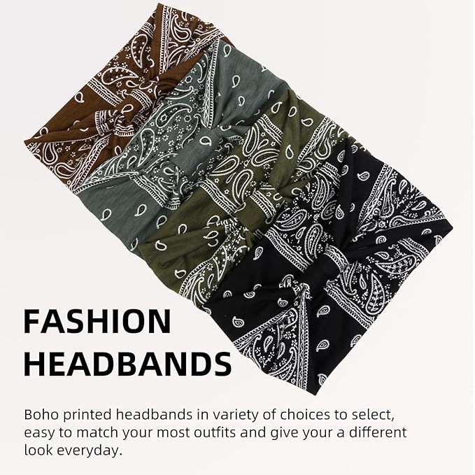 Huachi 4 Packs Thick Boho Stylish Floral Turban Wide Headbands for Women - Non Slip Hairbands for Hair, Sport, Workout, Yoga, Hair Accessories (Pack of 4)