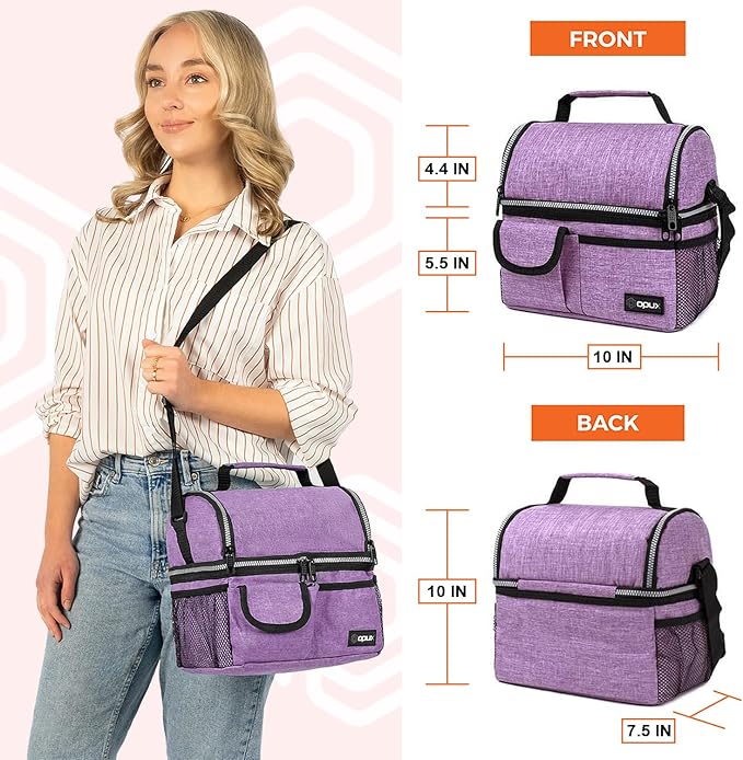 opux Lunch Bag Women Insulated, Adult Lunch Box Cooler, Lunch Box for Men, Dual Compartment Lunchbox for Work, Leakproof Double Decker Lunch Bag, Soft Lunch Pail Tote Girls Boys Kids School, Purple