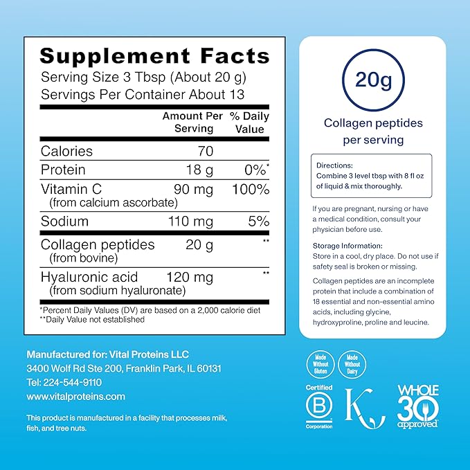 Vital Proteins Collagen Peptides Powder Advanced with Hyaluronic Acid & Vitamin C, Collagen Supplements, Unflavored, 13 Servings