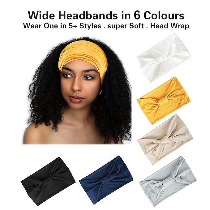 GILI 6 Pack Wide Headbands for Women Non Slip Soft Elastic Hair Bands Yoga Running Sports Workout Gym Head Wraps, Knotted Cotton Cloth African Turbans Bandana (with 6 Pcs Hair Ties)