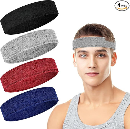 4 Pack Headbands for Men, Sweat Bands Headbands Men & Women, Cotton Terry Sweat Bands for Tennis, Basketball, Running, Gym, Working Out