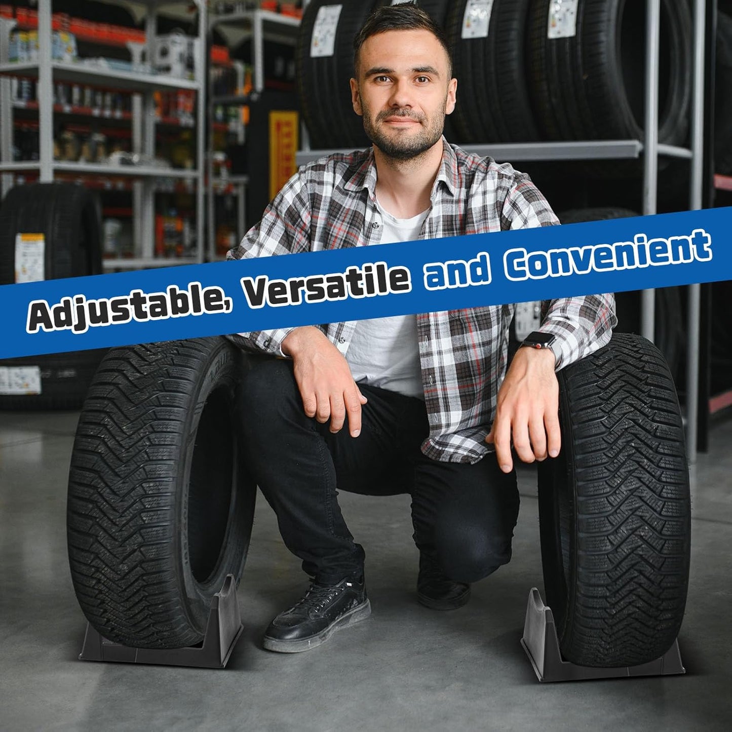 4 Pcs Car Tire Display Stand Wheel Display Rack Adjustable Width Rim Storage Wheel Rim Holder Tyre Stand Base Tire Tray Base for Exhibition Shop Garage Trade Show, Black