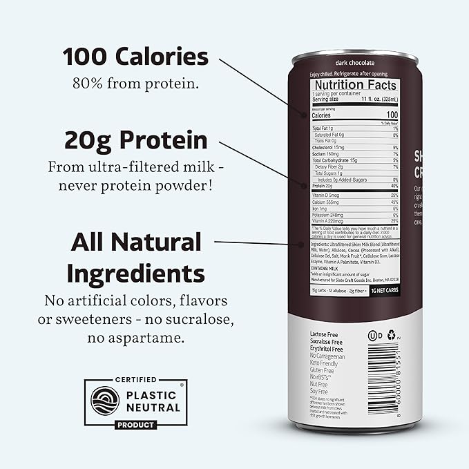 Slate Milk - High Protein Milk Shake - Dark Chocolate - Lactose Free, 20g Protein, 1g Sugar, 100 Calories, 1g Net Carbs, No Added Sugar - Natural, Breakfast Boost, Post Workout - 11 fl oz, 24 Cans