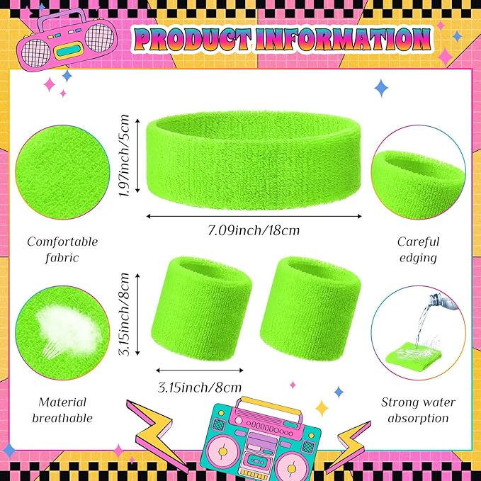 3 Pack Neon Sweatbands Sports Wristband and Headband 80s Sweatbands for Party Football Basketball Baseball Soccer
