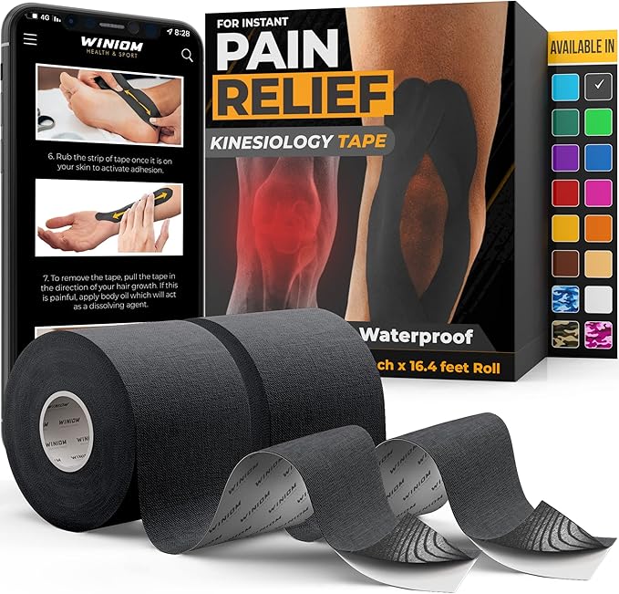 Kinesiology Tape-Incredible Support for Athletic Sports and Recovery+Free Taping Guide-Uncut 2 inch 16.4 feet Roll (Midnight Black, Pack of 2)