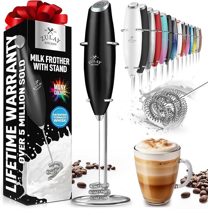 Zulay Kitchen Tornado Milk Frother Handheld Wand – Electric Coffee Frother with Triple Whisk & Stand – Hand Held Drink Mixer for Latte, Cappuccino, Matcha, Hot Chocolate, Protein Shakes – Metal Black