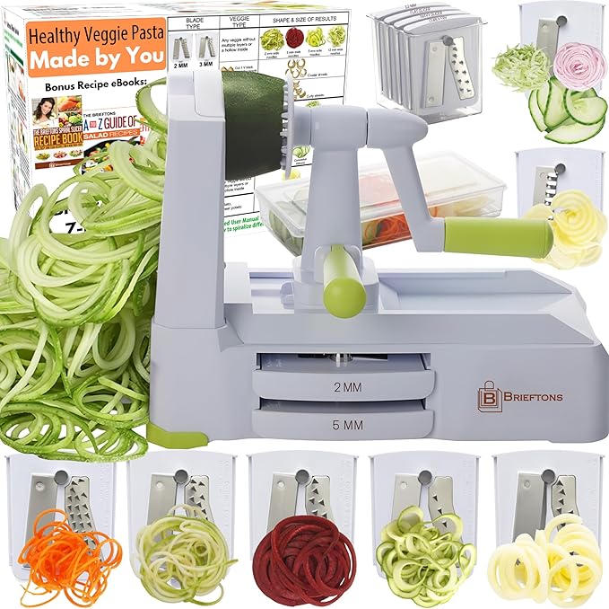 Brieftons 7-Blade Vegetable Spiralizer: Strongest-Heaviest Spiral Slicer, Best Veggie Pasta Spaghetti Maker for Low Carb/Paleo/Gluten-Free Meals, With Container, Lid, Blade Caddy & 4 Recipe Ebooks