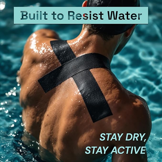 JLB Kinesiology Tape – 2 Rolls (16ft Each) – Strong Adhesion, Waterproof & Sweatproof – Latex-Free Sports Tape for Pain Relief, Muscle Support & Recovery – Physical Therapy & Athletic Tape (Black)