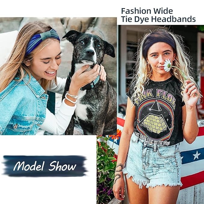 Wide Headbands for Women Tie Dye Head Wraps Boho Thick Hairbands Large African Sport Yoga Turban Headband Hair Accessories (Pack of 4)