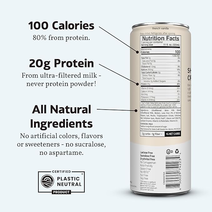 Slate Milk - High Protein Milk Shake - French Vanilla - Lactose Free, 20g Protein, 1g Sugar, 100 Calories, 1g Net Carbs, No Added Sugar - Natural, Breakfast Boost, Post Workout - 11 fl oz, 48 Cans