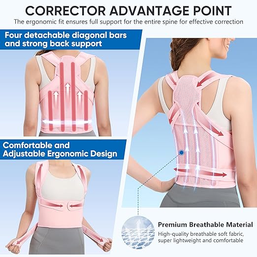 Back Brace Posture Corrector for Women, Adjustable Shoulder Straightener for Upper and Lower Back Pain Relief, Back Support Hunchback Corrector Pink (Large)