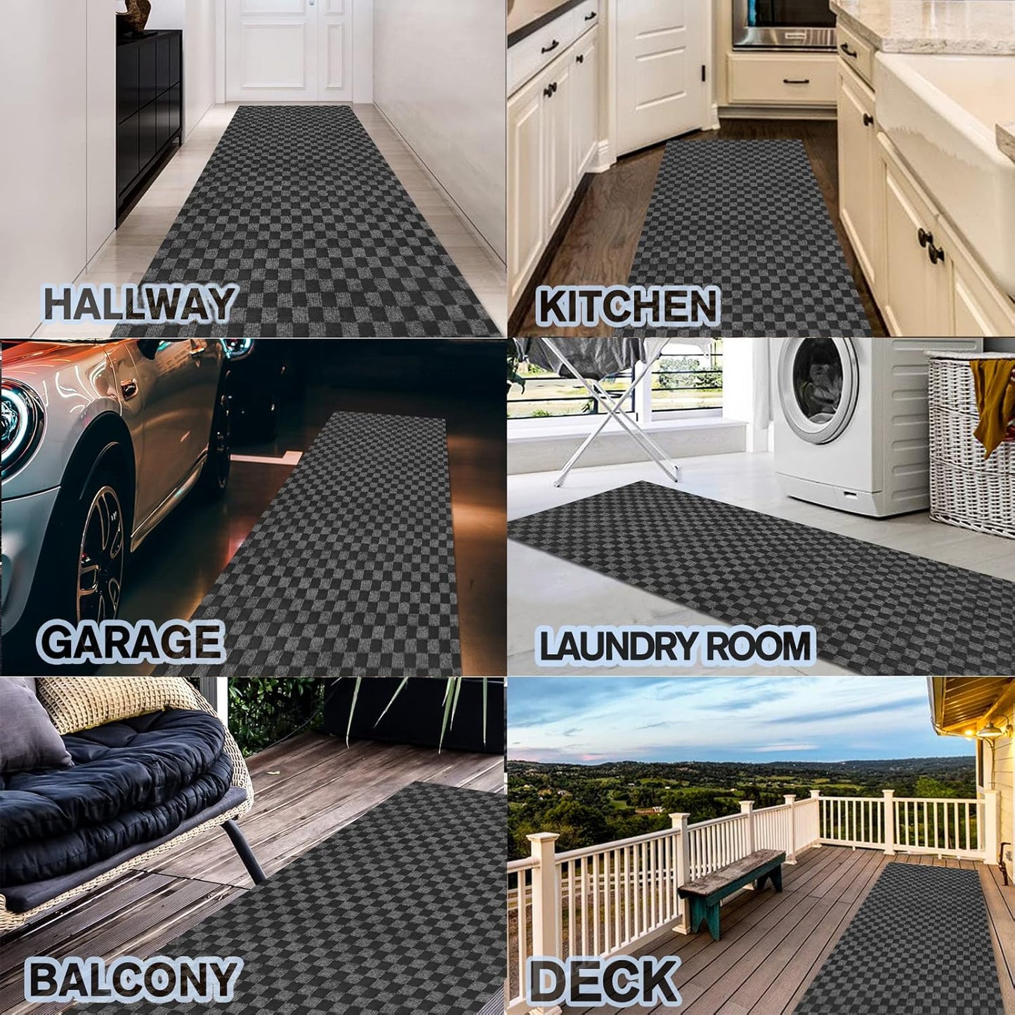 Custom Size Backed Non-Slip Area Rugs Runner, Easy Clean, Waterproof Runner Rugs for Hallway Entryway, Kitchen, Laundry, 3FT x 74FT, Gray Checkered