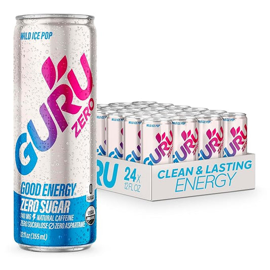 GURU ZERO SUGAR Wild Ice Pop Organic Energy Drinks, Clean Energy Drink with Plant Based Natural Caffeine from Green Tea, Coconut Water, Prebiotic, Zero Added sugars, Gluten Free and Vegan, Pre Workout, Healthy Drinks, 12oz (Pack of 24)