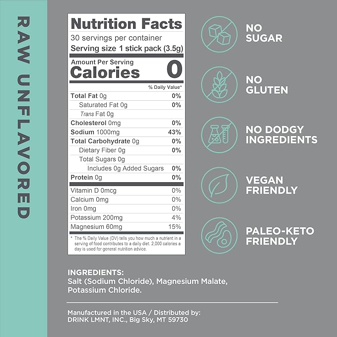 Drink LMNT Zero Sugar Electrolytes - Raw Unflavored Salt | Drink Mix | 30-Count
