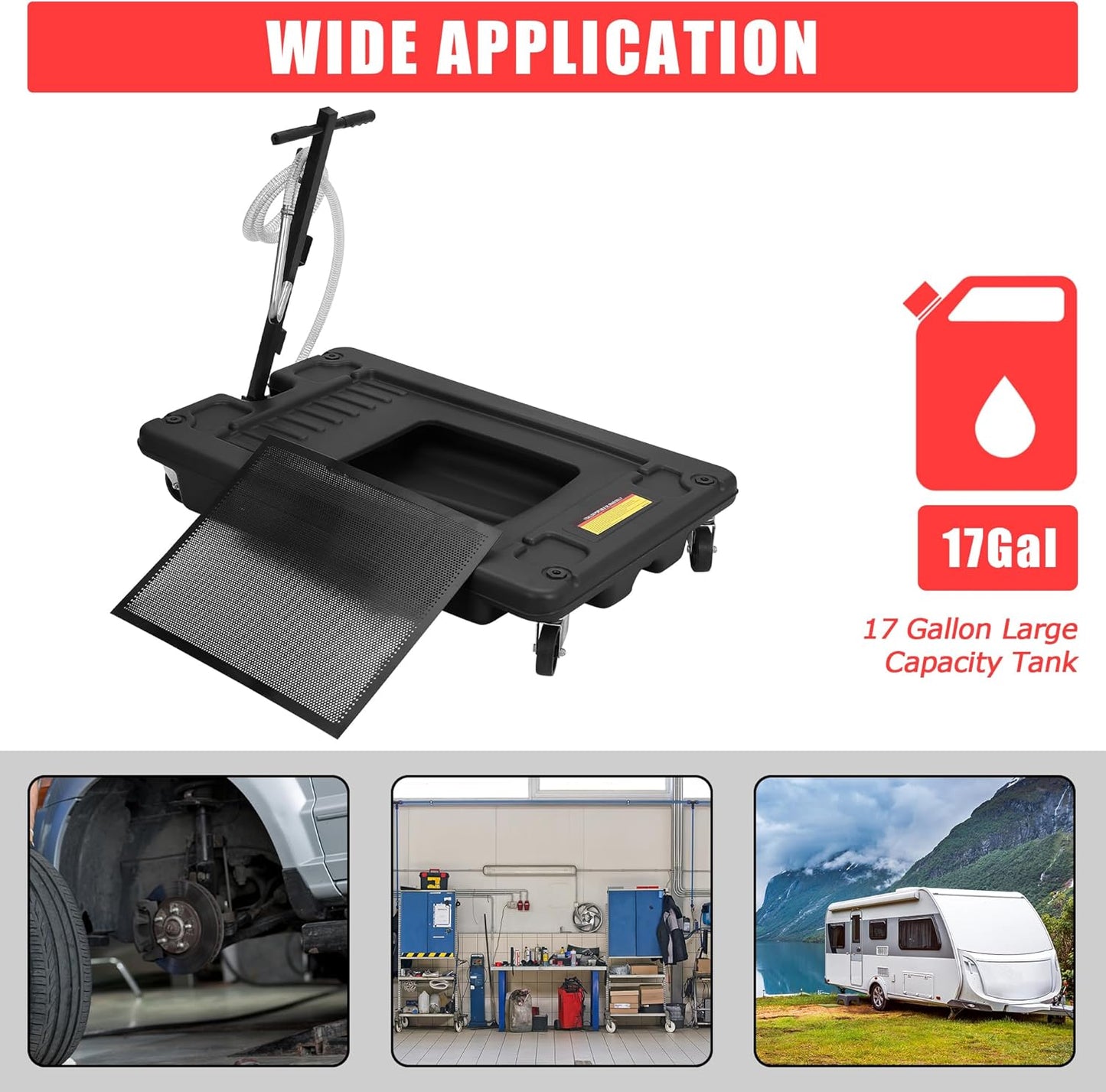 17 Gal Electric Oil Drain Pan, Low Profile Mobile Oil Changing Pan with Hand Pump, 8 Ft Hose & Quick Drain Valve, Leak-Proof Design for Truck Car Motorcycle, Garage Workshop Use