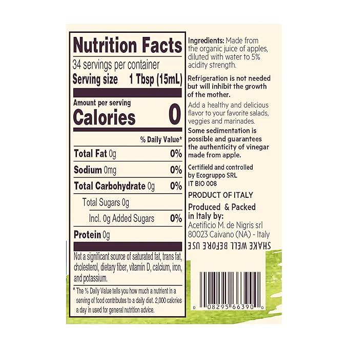 De Nigris Organic Apple Cider Vinegar Raw & Unfiltered 16,9 Oz (500ml) | Apple Cider Vinegar With Mother A Source Of Functional Elements For The Balance Of Metabolism | Apple Cider Vinegar Organic