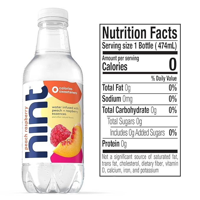 Hint Fruit-Infused Bottled Water, Peach Raspberry - Sugar Free Flavored Water with Zero Calories, Naturally Flavored, and No Artificial Sweeteners - 16 Fl Oz (Pack of 12)