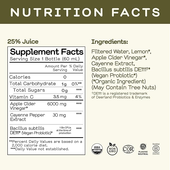 Greenhouse Juice Organic Inside Job Wellness Shots, Cold Pressed Digestive Aid with Apple Cider Vinegar, Lemon, Shots Juice Vegan & Gluten-Free (2 Oz, Pack of 12)