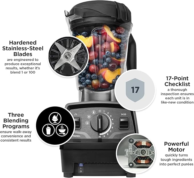 Vitamix Explorian Professional Grade Blender, 3 Presets: Smoothie, Frozen Dessert and Hot Soup, 64oz Pitcher, Black (Renewed Premium)