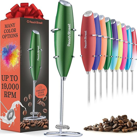 Powerful Handheld Milk Frother, Mini Milk Foamer, Battery Operated Stainless Steel Drink Mixer with Frother Stand