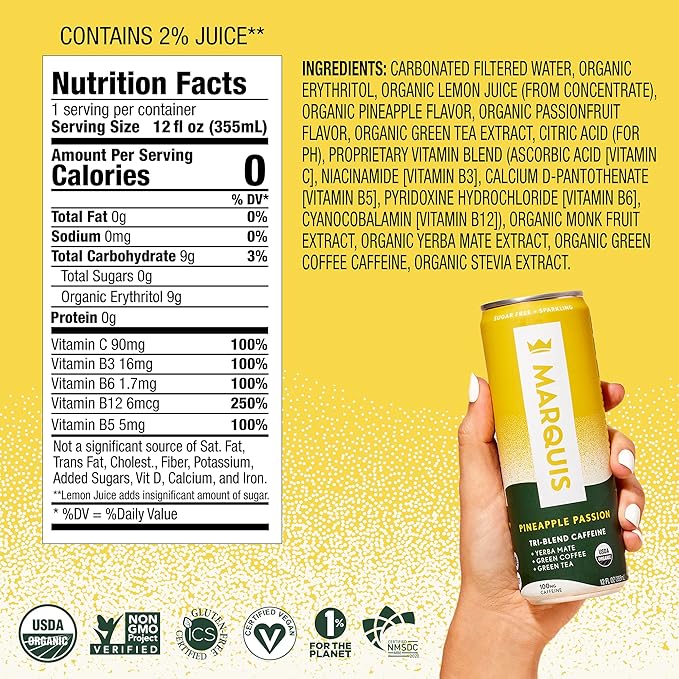 Marquis - Natural Energy Drink - Pineapple Passion - Sugar Free - 0 Calories - 100mg of Organic Plant Based Caffeine - Yerba Mate - Green Tea - Vitamin C & B Vitamins - Vegan - 12 oz Cans - 12 Pack