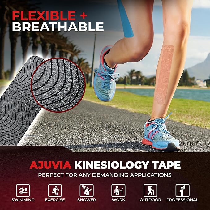 AJUVIA Synthetic Kinesiology Tape, 1 Roll, 10% Bonus, 20 + 2 Precut Strips, Lasts up to 14 Days, Hypoallergenic and Waterproof K Tape for Muscle Pain Relief and Joint Support