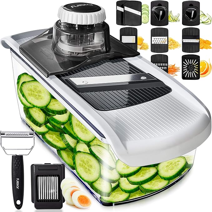 Fullstar Mandoline Slicer for Kitchen, Fruit Cutter, Cheese Grater, Cucumber Slicer, Veggie Spiralizer, Food Cutter & Kitchen Gadgets with Safety Glove (11 in 1, White)
