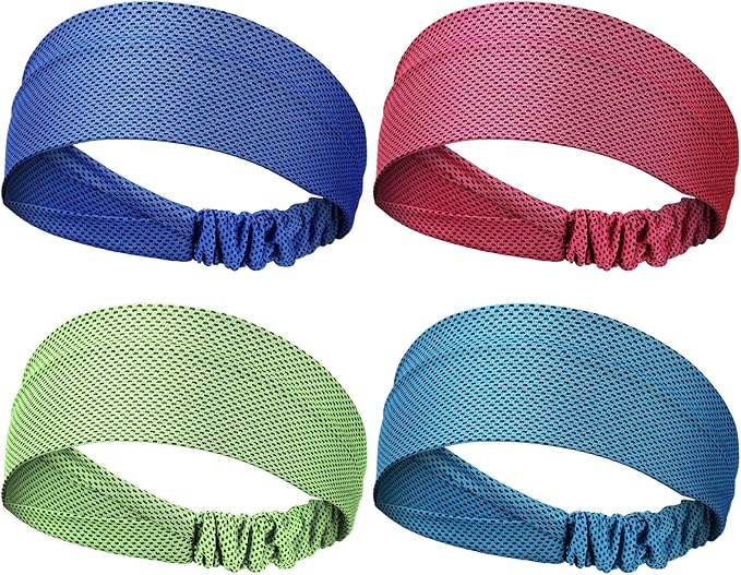 Coume 4 Pcs Cooling Headbands for Women Men Sweat Absorbing Headbands Stretchy Sports Hair Bands for Running, Yoga, Golf, Camping, Biking, Tennis