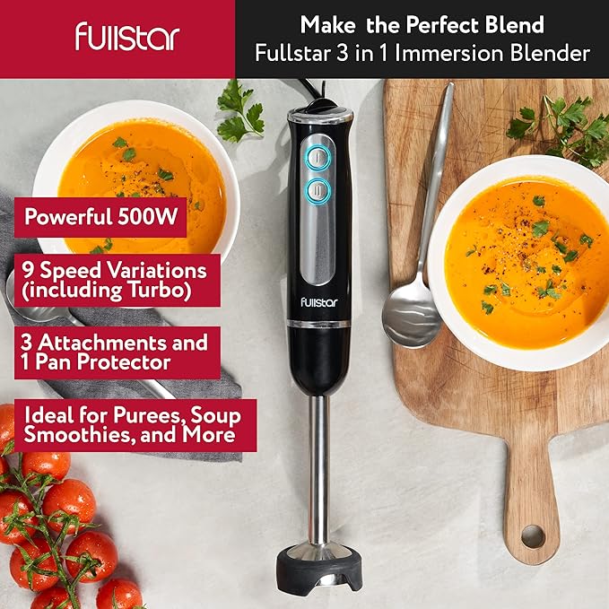 fullstar Immersion Blender Set, 9-Speed 500W Handheld Electric Hand Mixer, Smoothie Blender (3-in-1, Black)