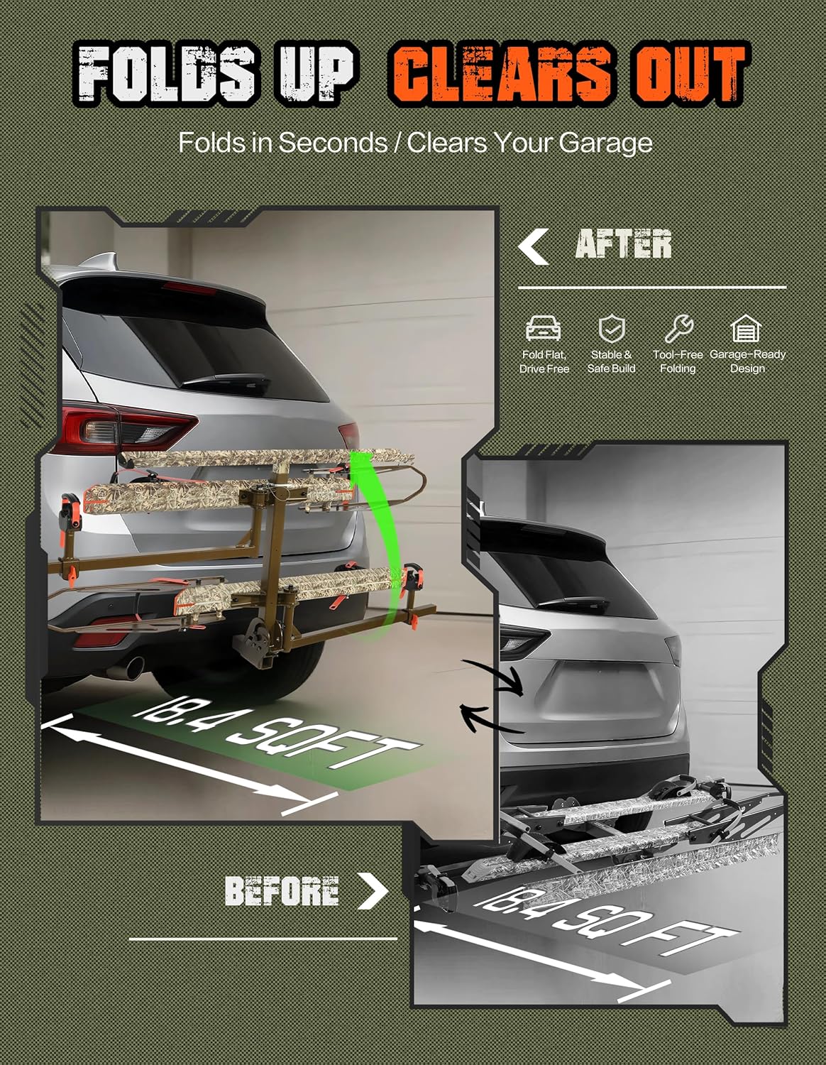 Young Bike Rack Hitch Mount for 2 E-Bikes, Fat Tire, Electric Bike Rack, Car, SUV, Truck, RV, Platform Carrier, 200lbs Capacity, Foldable, Anti-Wobble, Bike Holder, Cargo Rack, 2" Receiver, Camo