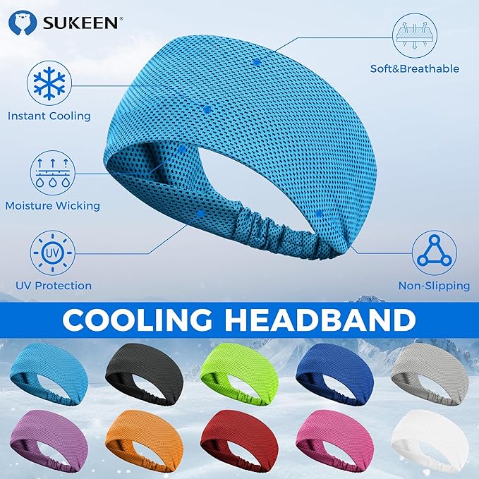 Sukeen Cooling Headband for Men Women, Instant Cooling Running Headband, Sweat Headbands for Workout, Sports Headbands for Yoga, Golf, Gym, Camping, Tennis, 20 inches