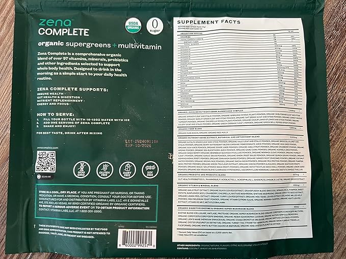 Zena Complete Organic Super Greens Powder & Multivitamin, 90+ Supergreens, Fruits, Veggies, 0 Sugar, 5G Fiber, Pre & Probiotics, Watermelon Citrus Flavor, 30 Packets