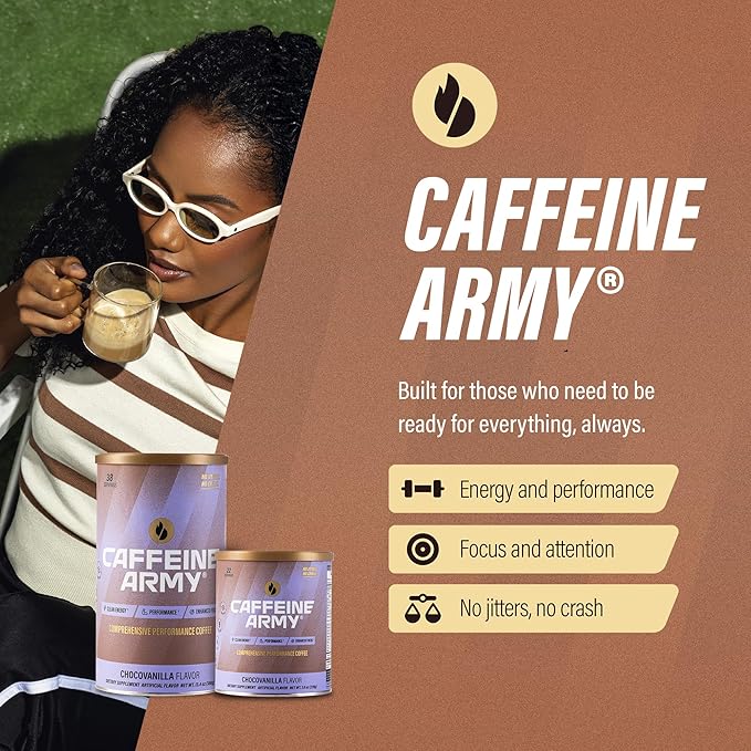 CAFFEINE ARMY ChocoVanilla | Comprehensive Functional Coffee with MCTs, CoQ10, Collagen and Adaptogens: Clean Energy + Supports Daily Attention, No Jitters or Crash (7.8 oz 22 Servings)