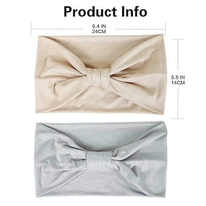 GILI 2 Pack Wide Headbands for Women Boho African Knotted Non Slip Fashion Hair Bands Yoga Running Sports Workout Gym Head Wraps Elastic Soft Cotton Cloth Turbans Bandana for Girls(Light Grey, Skin)