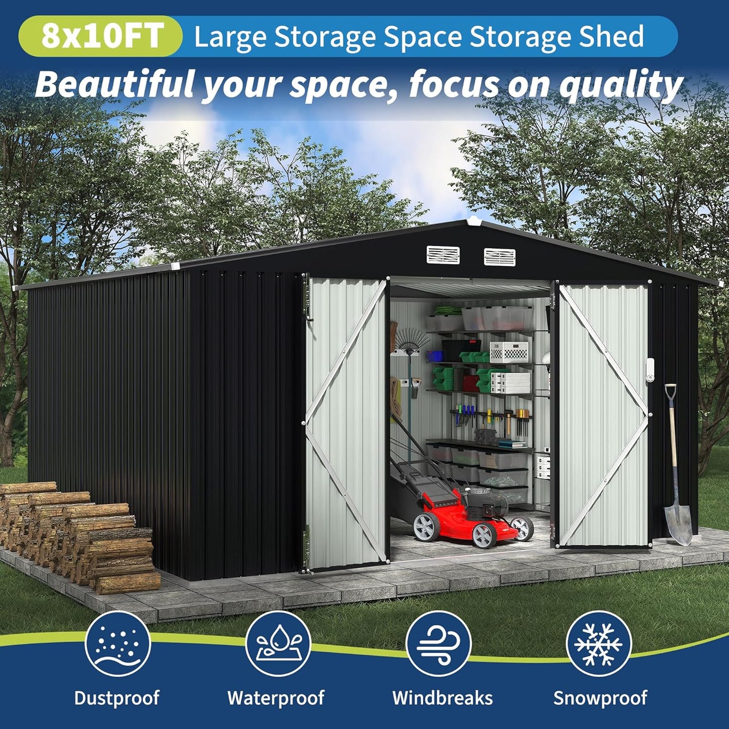 8x10x6.4 FT Outdoor Storage Sheds with Floor, Metal Garden Tool Shed for Backyard, Large Metal Sheds Outdoor Storage With Lockable Doors & Air Vents for Backyard Garden Patio Lawn