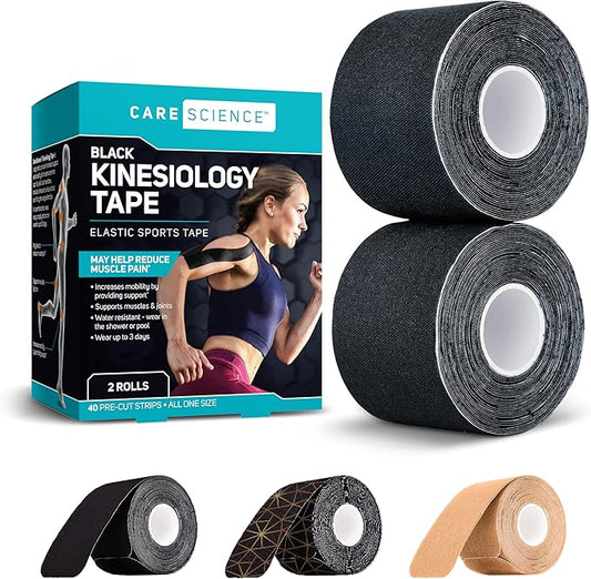 Care Science Waterproof Kinesiology Tape, 40 ct Precut Strips (2 Rolls), Black | Elastic Sports & Weightlifting Tape Supports Muscles & Joints. Water Resistant